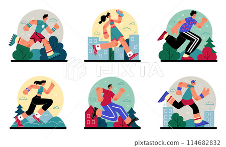 Run. Fitness sport, healthy lifestyle. Runner marathon. Exercise, fit athlete. Active woman and man in park and city street. Vector person tidy exercise concept, Vector cartoon flat style illustration Run. Fitness sport, healthy lifestyle. Runner marathon. Exercise, fit athlete. Active woman and man in park and city street. Vector person tidy exercise concept, Vector cartoon flat style illustration 114682832