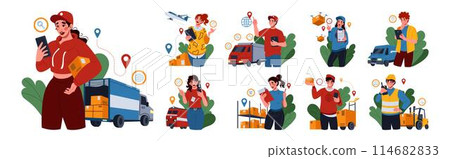 Supply export. Delivery service. Business trade. Global import tracking. People on warehouse. Transport cargo traffic. Truck international logistics. Freight distribution. Vector tidy concepts set 114682833