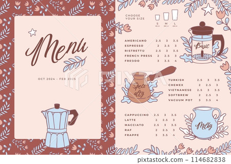 Coffee menu. Shop cafe, blackboard, bar logo, cup with espresso and cappuccino, kettle and geyser. Poster drink, background design, food restaurant typography template, vintage icon. Vector graphic Coffee menu. Shop cafe, blackboard, bar logo, cup with espresso and cappuccino, kettle and geyser. Poster drink, background design, food restaurant typography template, vintage icon. Vector graphic 114682838