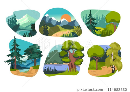 Forest tree. Trail cartoon flat, path mountain woods, water, woodland, pine and oak. Place bush grass, flower summer, nature spring garden, environment icon. Nature illustration landscape. Vector set Forest tree. Trail cartoon flat, path mountain woods, water, woodland, pine and oak. Place bush grass, flower summer, nature spring garden, environment icon. Nature illustration landscape. Vector set 114682880