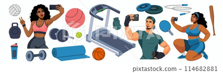 Exercise gym. Sport fit, workout equipment, dumbbell weight. Health woman and man. Tool training, fashion sportswear, accessory bag, healthy yoga athlete. Vector cartoon flat isolated illustration set Exercise gym. Sport fit, workout equipment, dumbbell weight. Health woman and man. Tool training, fashion sportswear, accessory bag, healthy yoga athlete. Vector cartoon flat isolated illustration set 114682881
