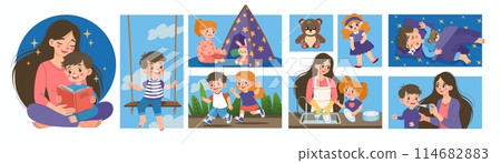 Family fun. Happy parent with kid. Safety care for child. Boy swinging or playing in wigwam. Adventure childhood. Virus protection. Girl helping mother. Rest and sleep. Vector persons activities set 114682883
