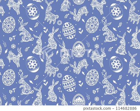 Easter pattern rabbit. White bunny on blue background, flower, floral spring animal, vintage paper, hare doodle, drawing cut, wrapping paper, wallpaper design. Vector seamless print, tidy illustration 114682886
