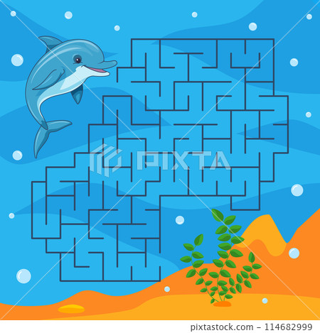 Children s game labyrinth on the theme of the underwater world. Help the dolphin find the right path Vector illustration Children s game labyrinth on the theme of the underwater world. Help the dolphin find the right path Vector illustration 114682999
