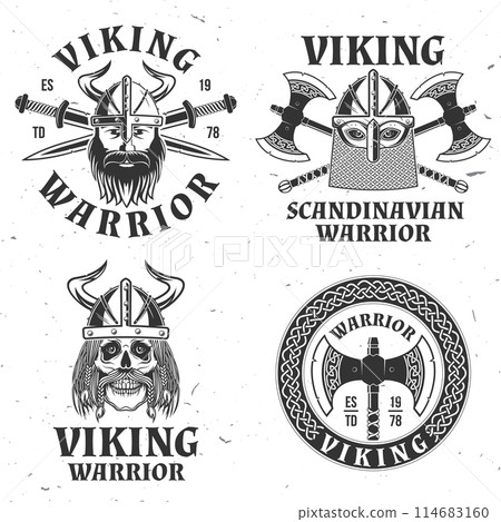 Set of viking warrior logos, badges, stickers. Vector illustration. For emblems, labels and patch. Monochrome style viking in helmet with crossed battle sword and axe 114683160