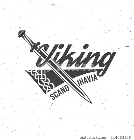 Viking warrior logo, badge, sticker. Vector. For emblems, labels and patch. Viking battle sword, vintage monochrome style Viking warrior logo, badge, sticker. Vector. For emblems, labels and patch. Viking battle sword, vintage monochrome style 114683168