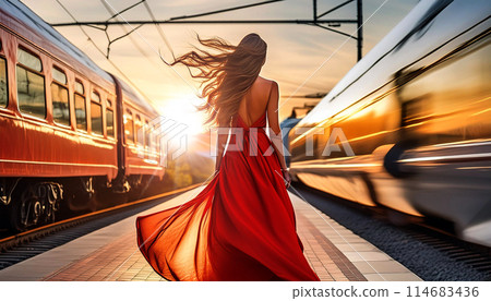 Back View of a Woman in Long Red Dress Waiting for the Train - Generative Ai 114683436