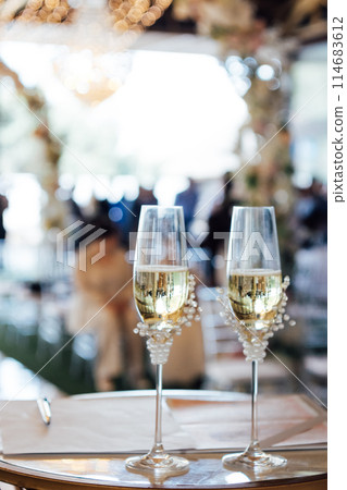 Two wedding glasses stand on a stand against the backdrop of the ceremony arch. 114683612
