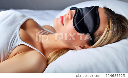 Beautiful Young Woman with Black Eye Mask Sleeping On White Pillow - Generative Ai 114683625