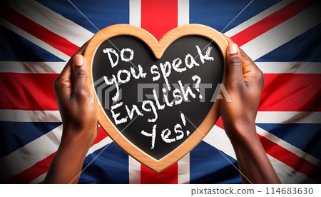 Blackboard with Text Do You Speak English and Yes Against a Union Jack Flag - Generative Ai 114683630