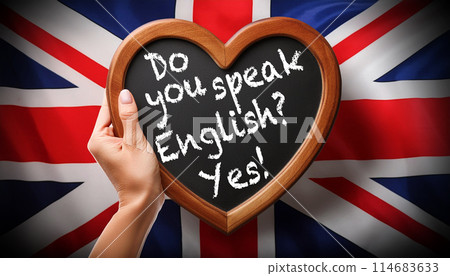 Blackboard with Text Do You Speak English and Yes Against a Union Jack Flag - Generative Ai 114683633