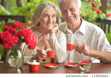 Close up portrait of happy couple drinking coffee 114683661