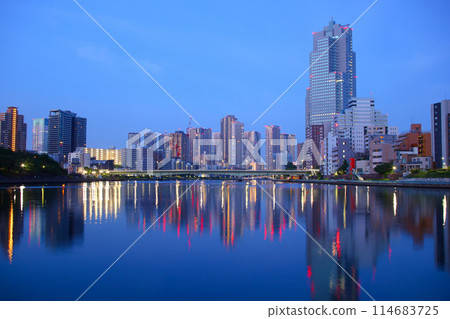 Tokyo: Tsukuda Bridge and streetscape on the Sumida River 114683725