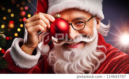 Elderly Santa Claus Showing a Red Christmas Ball while Looking at Camera - Generative Ai Elderly Santa Claus Showing a Red Christmas Ball while Looking at Camera - Generative Ai 114683787