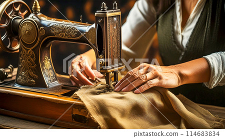 Hands of a Seamstress Who Expertly Sews a Linen Fabric with Her Old Sewing Machine - Generative Ai 114683834