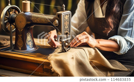 Hands of a Seamstress Who Expertly Sews a Linen Fabric with Her Old Sewing Machine - Generative Ai 114683835