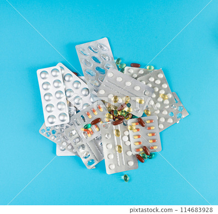 Pill Blister on Color Background, Silver Medicine Capsule Package, Drugs Packaging, Pill Pack Pill Blister on Color Background, Silver Medicine Capsule Package, Drugs Packaging, Pill Pack 114683928