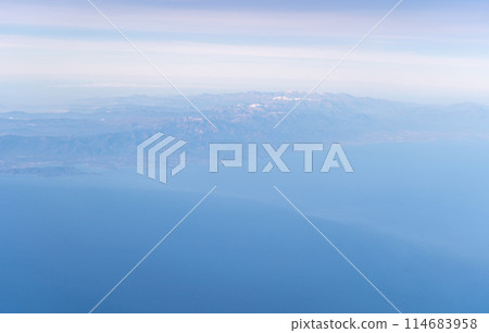 Plane Window View, Aircraft Fly Landscape, Looking from Plane Cabin, Plane Window Aerial View 114683958