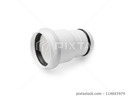 White PVC Fitting, Plastic Plumbing Pipe Isolated, Water Tube Connector, Plumber Equipment, Drain Pipe Part 114683974