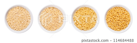 Pastina variants, Italian soup pasta, in white bowls. Uncooked tiny minute pasta, made of durum wheat semolina. From left to right stelle or stelline, alfabeto, perline or conchiglie, and gramigna. Pastina variants, Italian soup pasta, in white bowls. Uncooked tiny minute pasta, made of durum wheat semolina. From left to right stelle or stelline, alfabeto, perline or conchiglie, and gramigna. 114684488