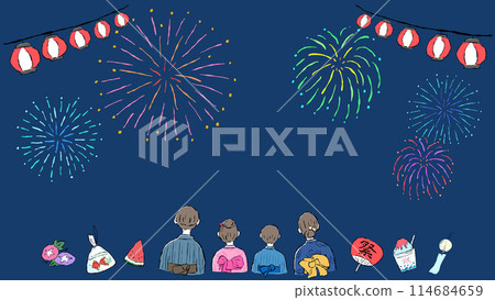 Summer festival, background frame with fireworks and family in yukata, simple hand drawn illustration 114684659