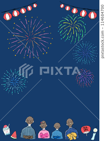 Summer festival, background frame with fireworks and family in yukata, simple hand drawn illustration 114684700