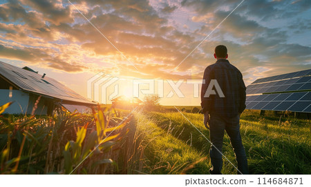 a man near solar panels on a plot near the house 114684871