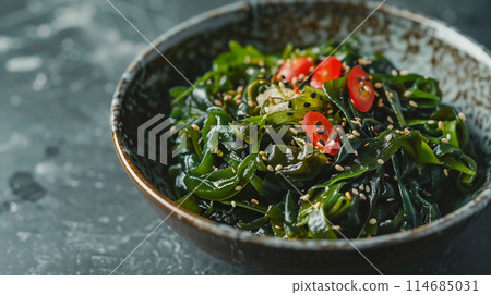 Traditional Japanese wakame salad with sesam seeds. Healthy and fresh seaweed salad 114685031