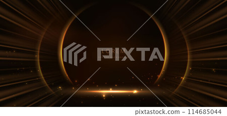 Elegant golden circle glowing with lighting effect sparkle on dark brown background. Elegant golden circle glowing with lighting effect sparkle on dark brown background. 114685044