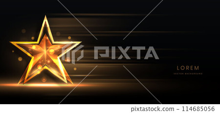 Golden star on black background with lighting effect and sparkle. Luxury template celebration award design. Golden star on black background with lighting effect and sparkle. Luxury template celebration award design. 114685056