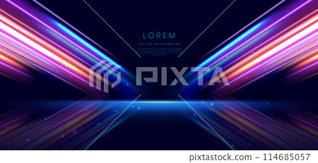 Abstract futuristic glowing neon multi color lines. Hi speed motion moving concept on dark blue background. 114685057