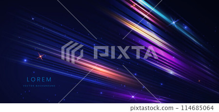 Abstract technology futuristic neon geometric glowing blue and red diagonal light lines with speed motion blur effect on dark blue background. 114685064