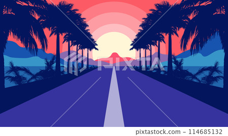 Abstract road and palm trees flat synthwave Abstract road and palm trees flat synthwave 114685132