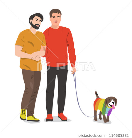 Enamored man pet owners enjoying promenade. Enamored man pet owners enjoying promenade. 114685281