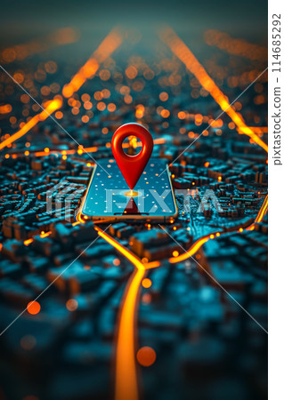 Red pin is on top of blue city map indicating location 114685292