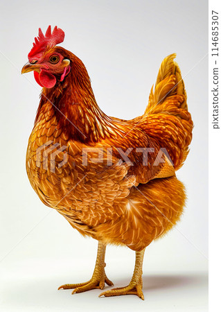 Close up of beautiful rooster with red face and yellow body Close up of beautiful rooster with red face and yellow body 114685307