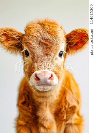 Close up of young brown cow with white markings on its face and top of it's head looking directly at the camera Close up of young brown cow with white markings on its face and top of it's head looking directly at the camera 114685309