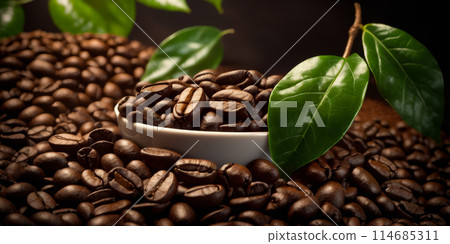 White bowl is surrounded by green leaves and coffee beans 114685311