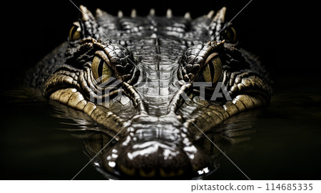 Close up of crocodile's face showing its large eyes and long snout 114685335