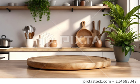 Wooden circle on table with potted plants and kitchen utensils in the background 114685342