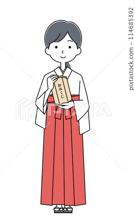 Illustration of a shrine maiden holding a fortune slip 114685392