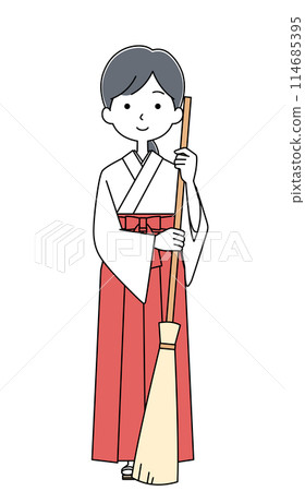 Illustration of a shrine maiden holding a bamboo broom Illustration of a shrine maiden holding a bamboo broom 114685395