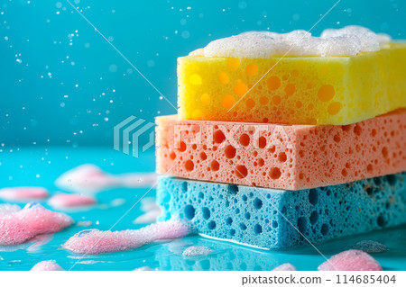 Stack of colorful sponges on blue surface 114685404