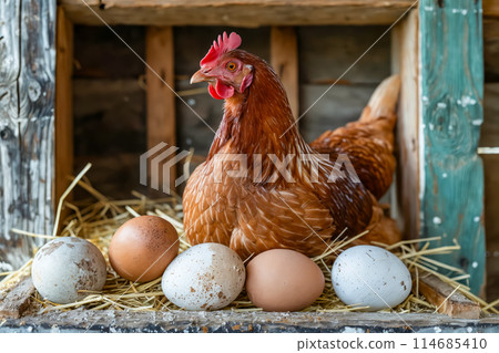 Chicken in wooden crate with eggs 114685410