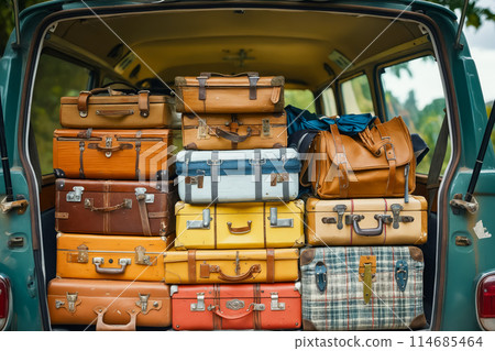 A blue car is filled with luggage, including a yellow suitcase 114685464
