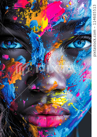 Closeup of face with blue eyes and colorful splotches on the skin resembling artist's palette 114685513