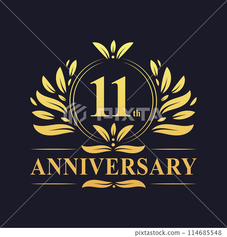 11th Anniversary Design, luxurious golden color 11 years Anniversary logo design celebration. 114685548