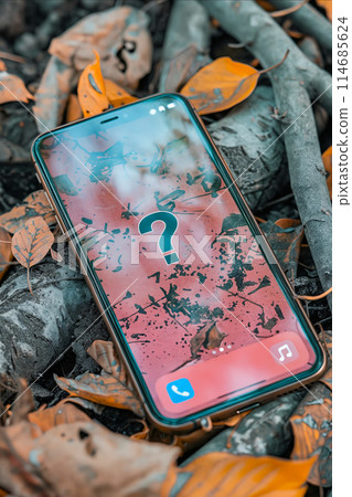 A phone with a question mark on it is laying on a pile of leaves A phone with a question mark on it is laying on a pile of leaves 114685624