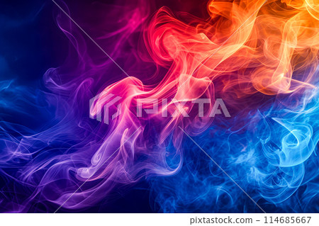 Colorful smoke or vapor display in purple blue and orange hues 114685667