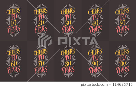 Typography Birthday quote design bundle. Set of 10 Calligraphy Birthday lettering design. Cheers to 10, 18, 20, 30, 40, 50, 60, 70, 80, 90, 100 years. Typography Birthday quote design bundle. Set of 10 Calligraphy Birthday lettering design. Cheers to 10, 18, 20, 30, 40, 50, 60, 70, 80, 90, 100 years. 114685715